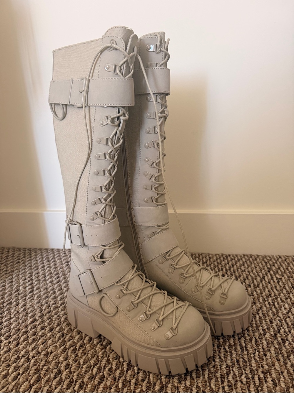 Dolls Kill Beige Lace-Up Knee-High Platform Boots